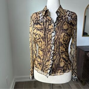 Leopard Print Sheer Silk Button Up Blouse